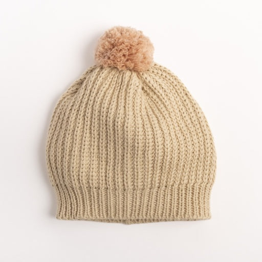 Knitted Beanie - Ecru/Dusty Pink