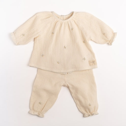 Gauze Two Piece Set - Embroidered Butterflies