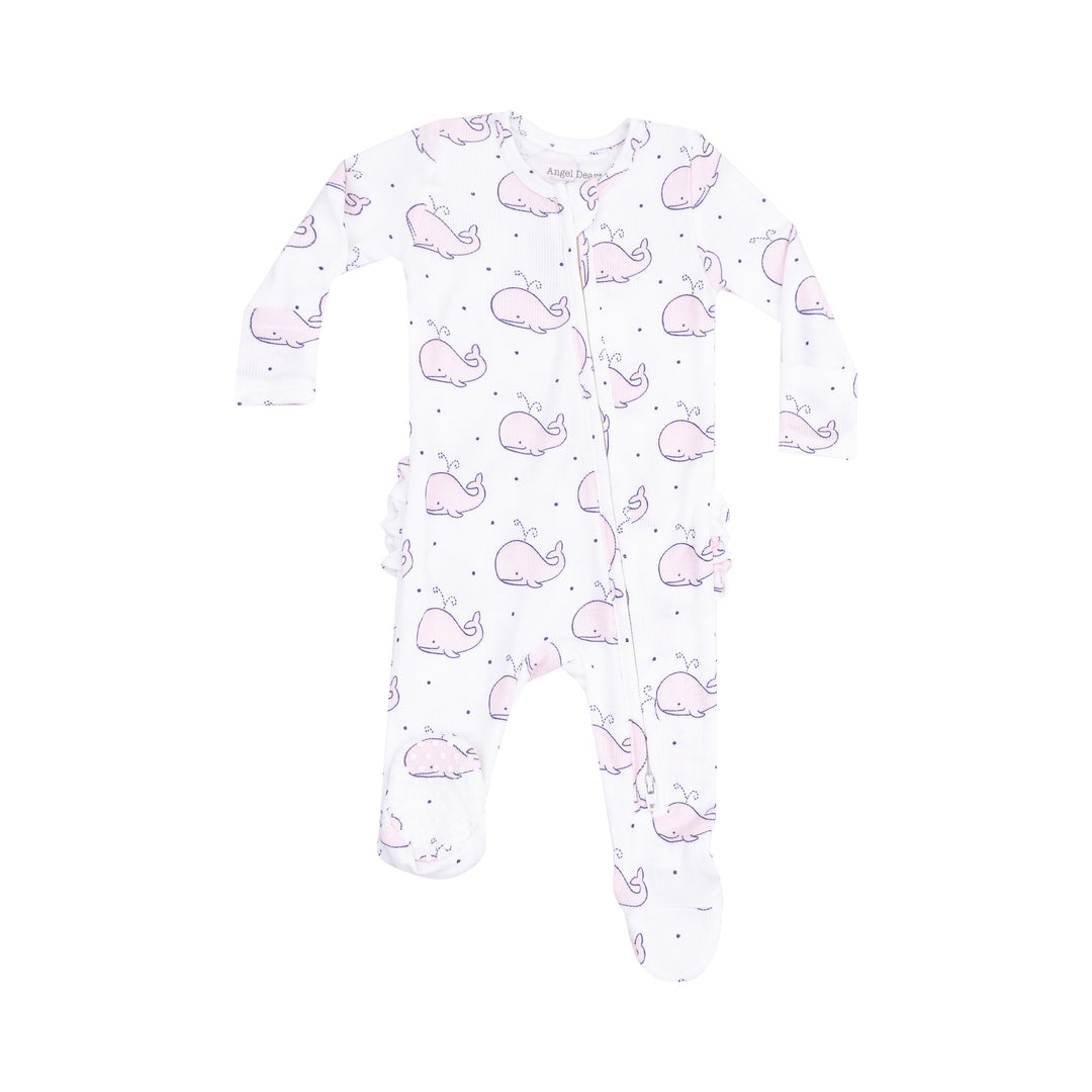 Bubbly Whales Pink Ruffle Back Zipper Footie