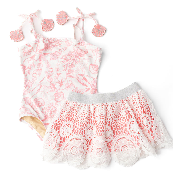 Seaside Toile One Piece & Skirt Swimsuit Set
