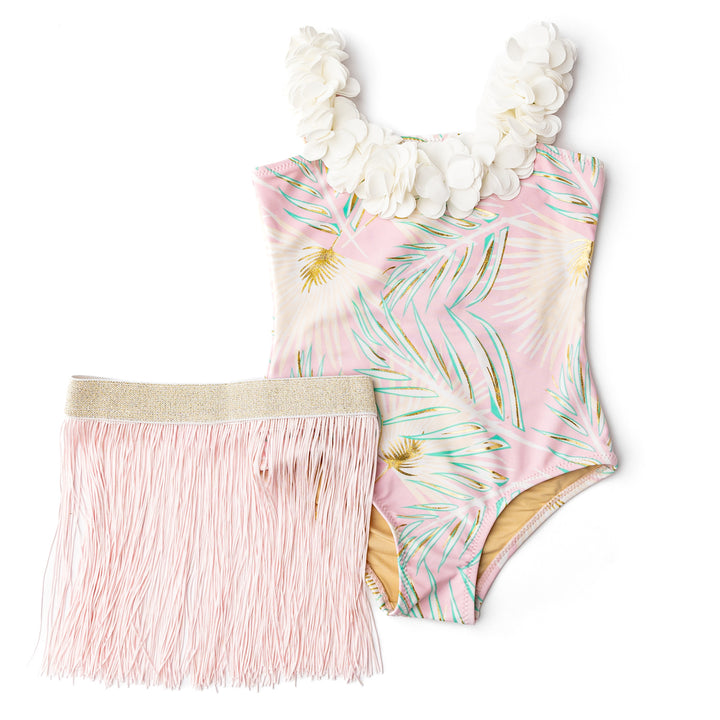 Pink & Green Metallic Hula One Piece & Skirt Swim Set
