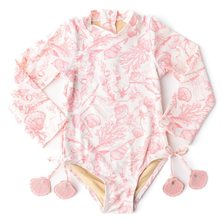 Seaside Toile L/S One Shoulder Swimsuit Set