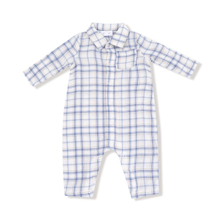 Blue Plaid Polo Muslin Romper
