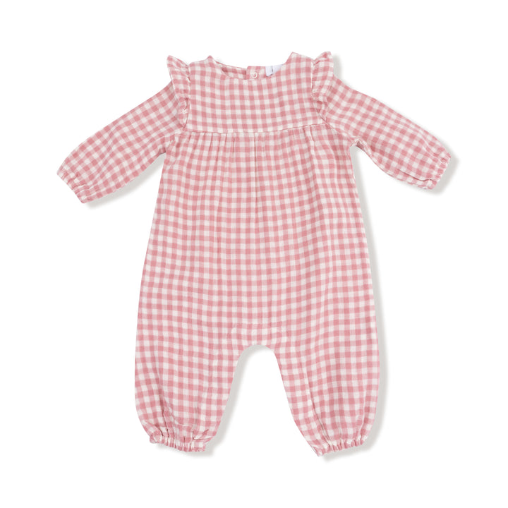 Rose Pink Plaid Muslin Ruffle Romper