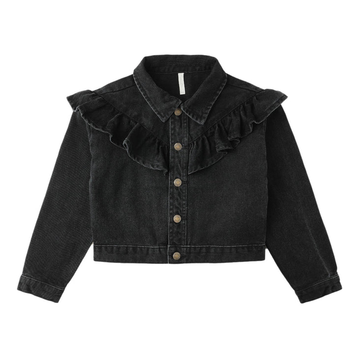Ruffle Denim Jacket - Washed Black