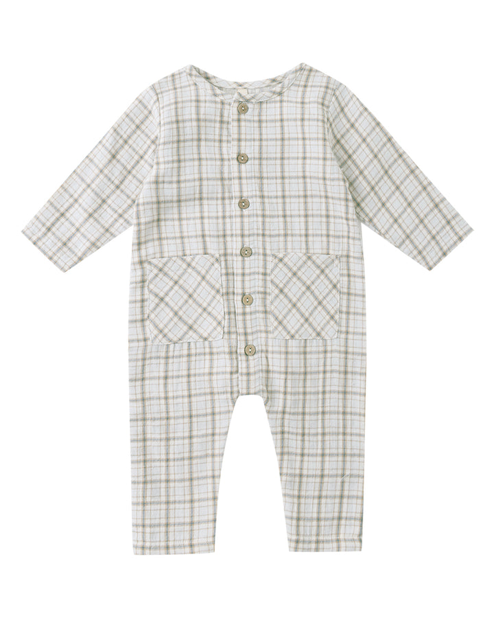Pocketed Woven Jumpsuit - Blue Plaid
