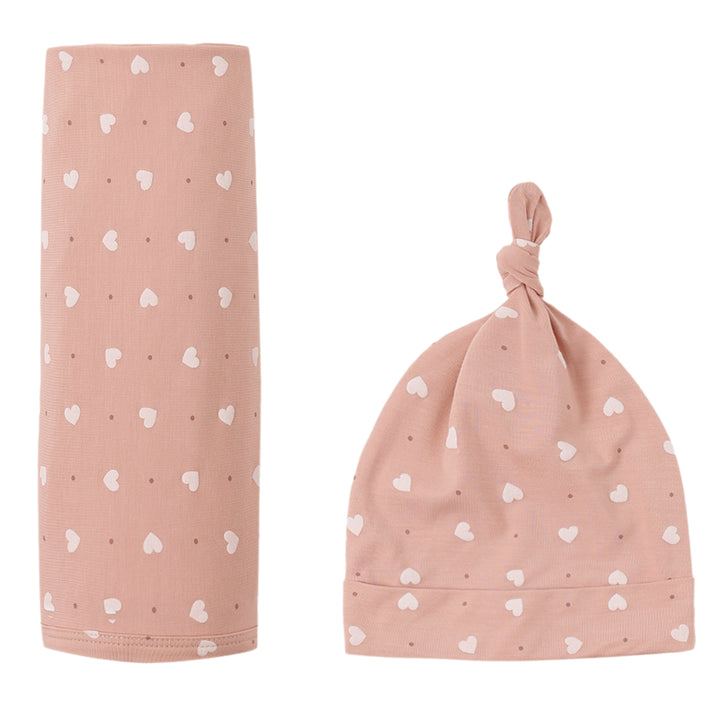 Bamboo Swaddle + Knotted Hat - Pink Hearts