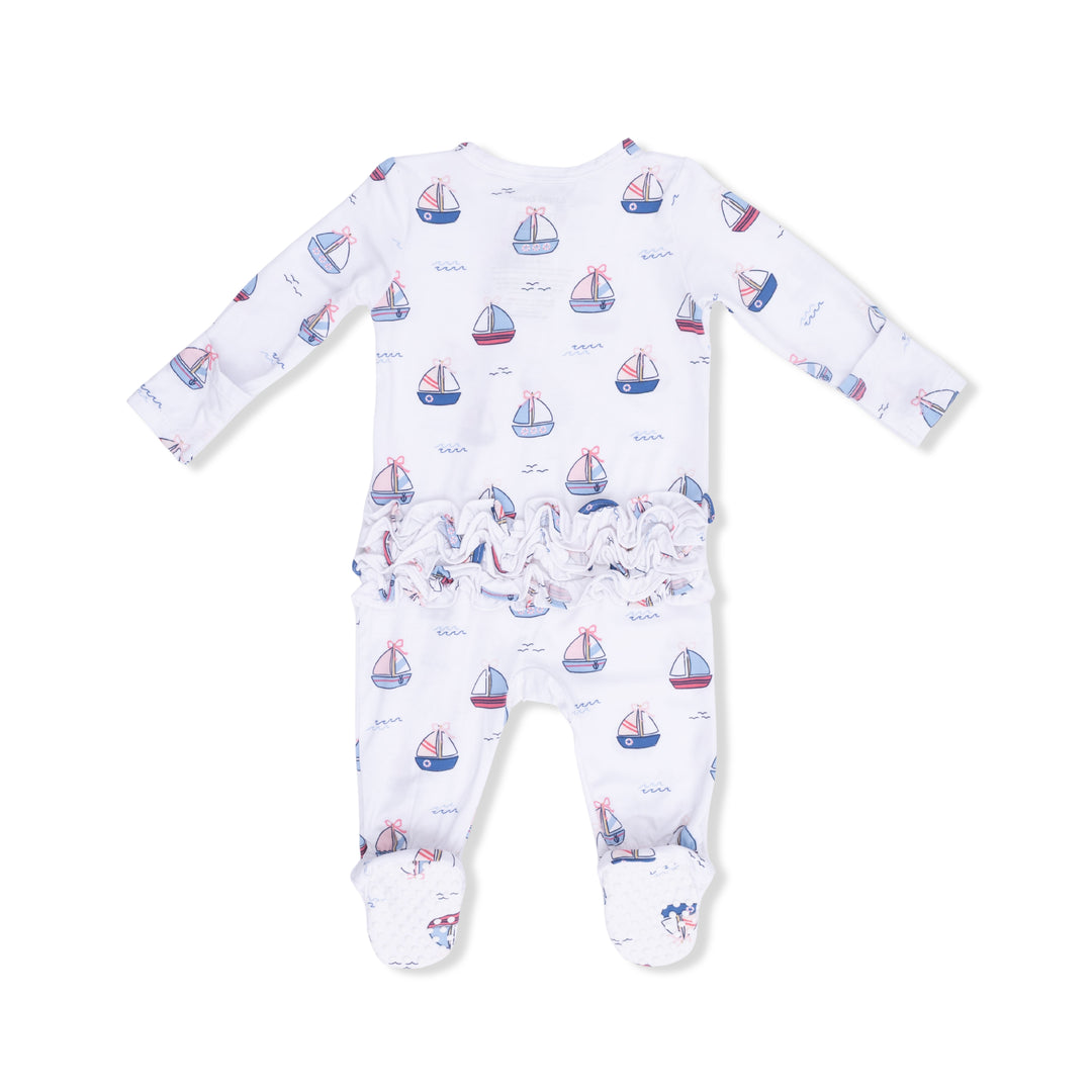 Bubbly Sailboats Pink - 2 Way Ruffle Back Zipper Footie