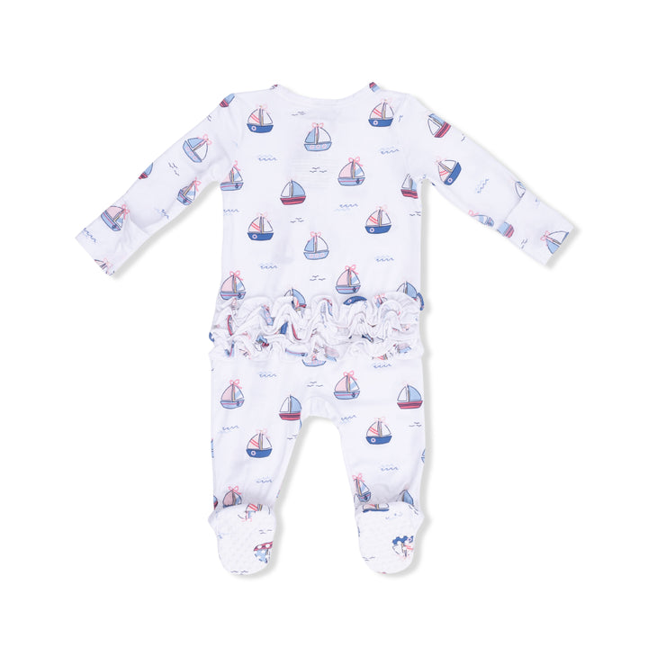 Bubbly Sailboats Pink - 2 Way Ruffle Back Zipper Footie