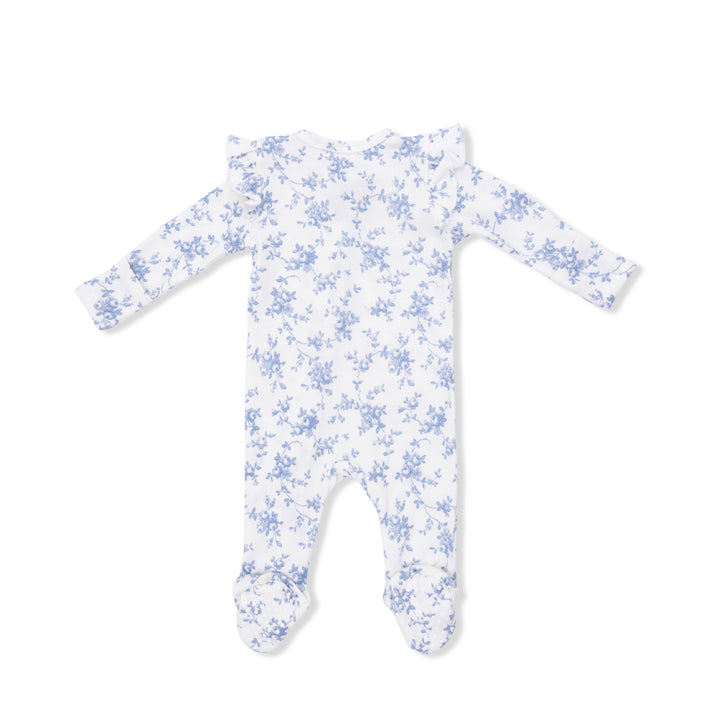 Baby Blue Vines Floral - 2 Way Ruffle Sleeve Zipper Footie