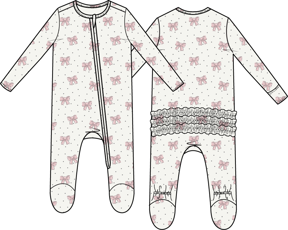 Bows and Hearts 2 Way Ruffle Back Zipper Footie