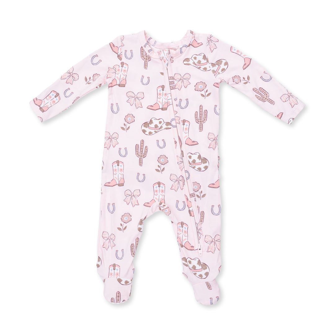 Cowgirl Boots and Bows 2 Way Ruffle Back Zipper Footie