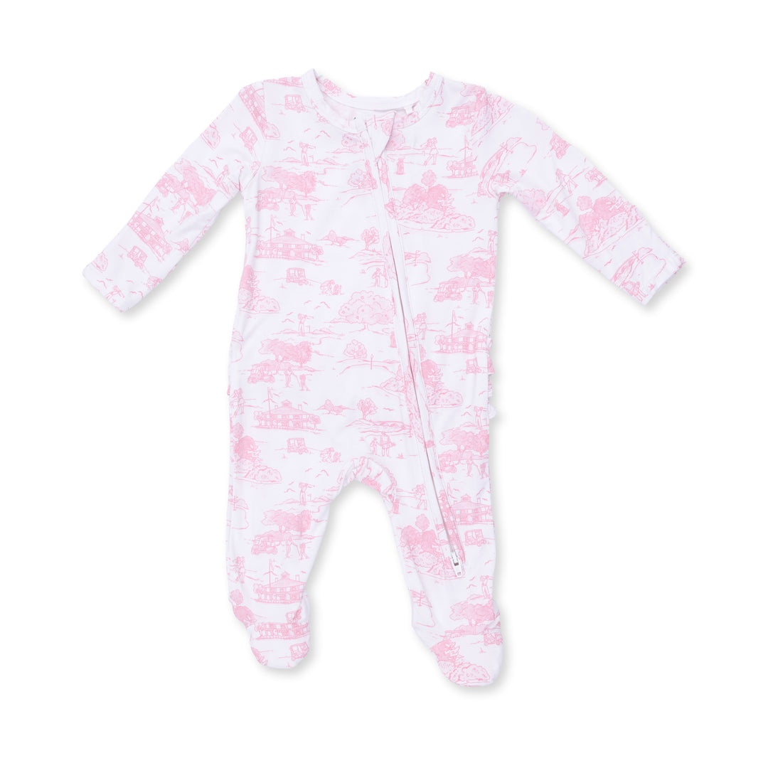 Golf Toile Pink 2 Way Ruffle Back Zipper Footie