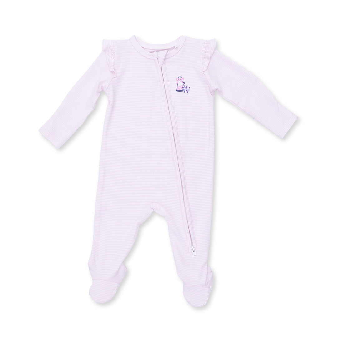 Cheer Pink Micro Stripe 2 Way Ruffle Back Zipper Footie