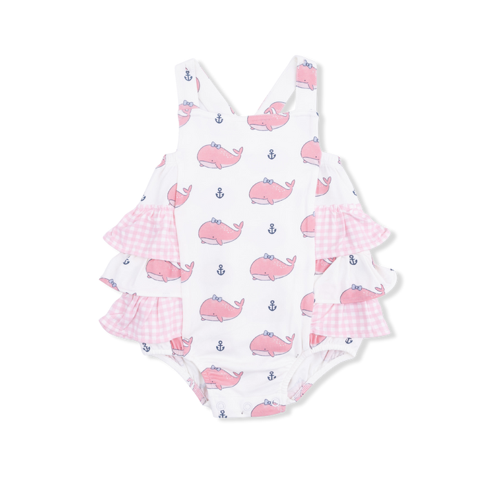 Bubbly Whale W/ Bow Pink - Ruffle Sunsuit