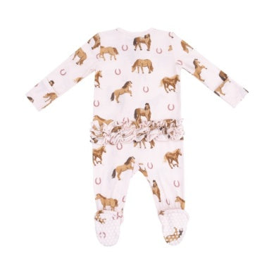 Horses Pink 2 Way Zipper Ruffle Footie