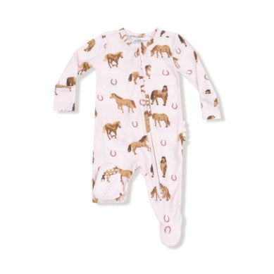 Horses Pink 2 Way Zipper Ruffle Footie