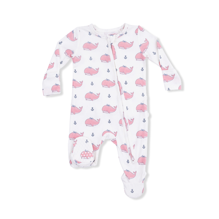 Bubbly Whale W/ Bow Pink - 2 Way Ruffle Back Zipper Footie