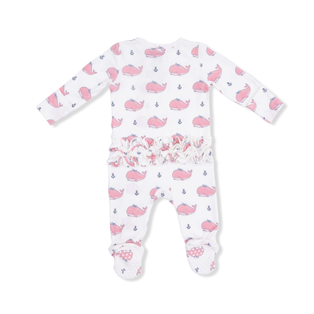 Bubbly Whale W/ Bow Pink - 2 Way Ruffle Back Zipper Footie