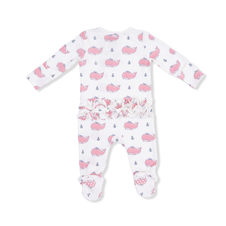 Bubbly Whale W/ Bow Pink - 2 Way Ruffle Back Zipper Footie