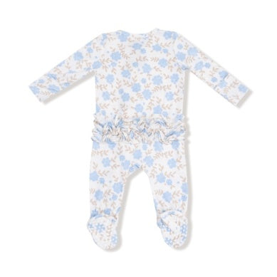 Baby Blue Floral 2 Way Ruffle Zipper Footie