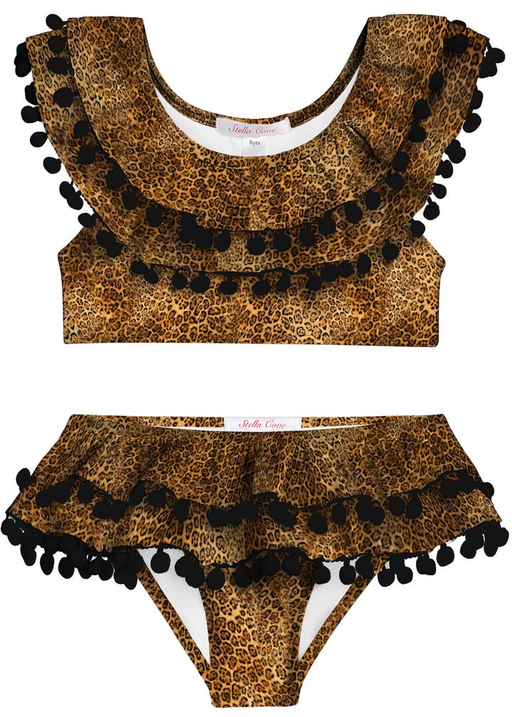 Cheetah Double Ruffle Pom Pom Bikini